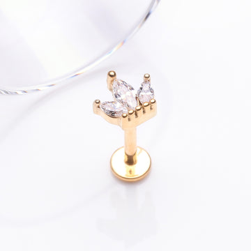 Detail View 1 of Golden Brilliant Sparkle Marquise Lotus Flower Top Internally Threaded Steel Labret-Clear Gem